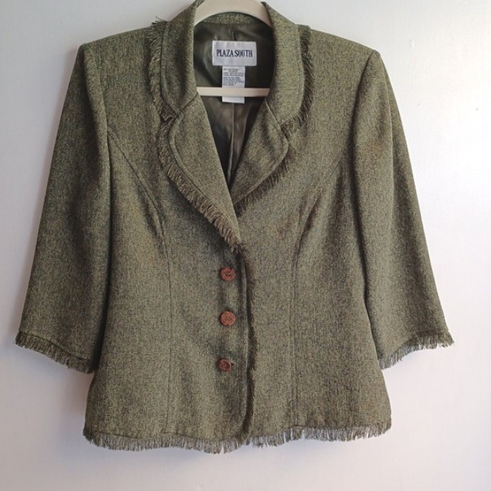 Plaza South Woman's Size 8 Green Dressy Blazer Jacket With Fringe Trim